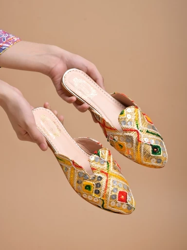 Stylestry Ethnic Gold Flat Mules For Women & Girls