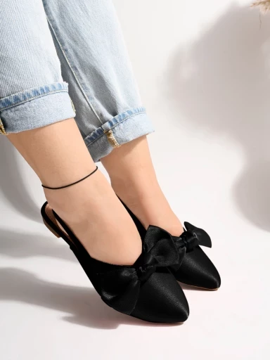 Stylestry Front Bow Décor Pointed Toe Flat Black Sandals For Women & Girls