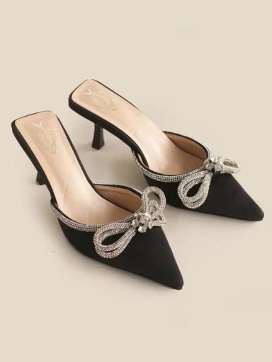 Stylestry Crystal-Eembellished Double Bow Pointed Toe Heels For Women & Heels