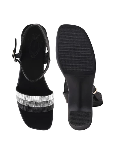 Stylestry Embellished Black Sparkle Block Heeled Sandals For Women & Girls