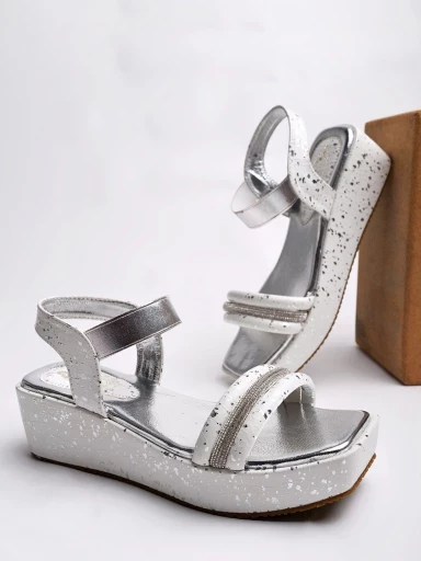 Stylestry Rhinestone Detailed Silver Shiny Platform Heeled Sandals For Women & Girls