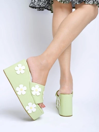 Shoetopia Flower Printed Detailed Green Platform Heels For Women & Girls