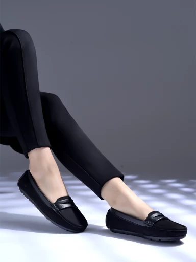 Stylestry upper Suede Detailed Black Loafers For Women & Girls