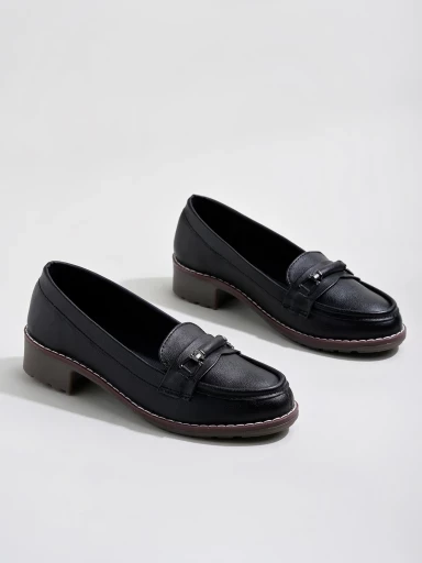 Stylestry upper Buckle Detailed Black Loafers For Women & Gilrs