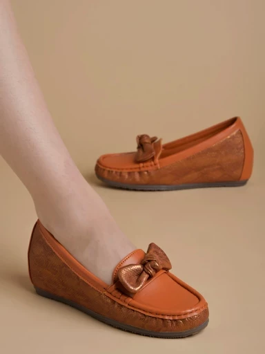 Stylestry upper Bow Detailed Tan Loafers For Women & Gilrs