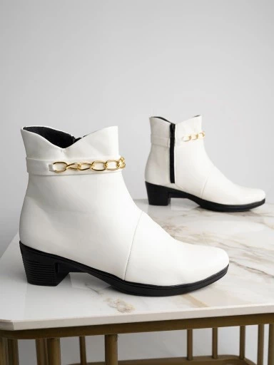Stylestry Elegant Gold Chain Detailed White Boots For Women & Girls