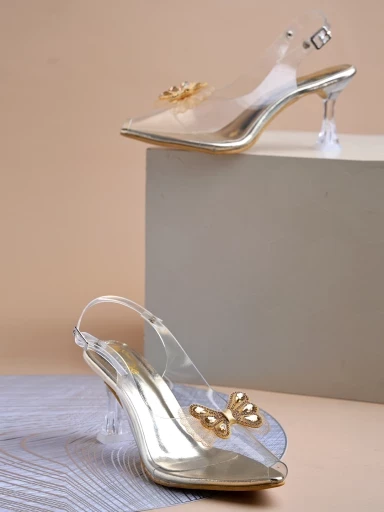 Stylestry Stylish Trasparent Detailed Golden Heels For Women & Girls