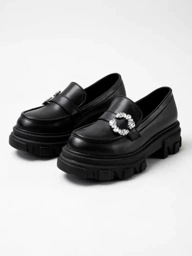 Shoetopia Side Studded Buckle Detailed Black Loafers For Women & Girls