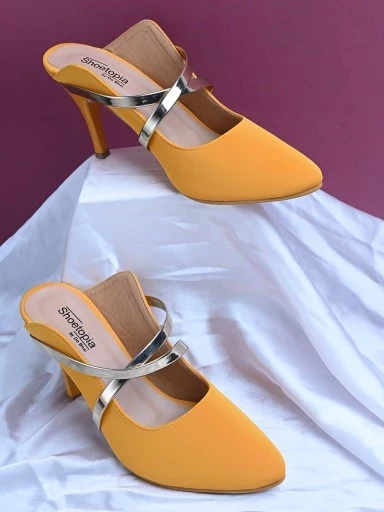 Stylestry Womens & Girls Yellow Pointed Toe Slim Heeled Mules