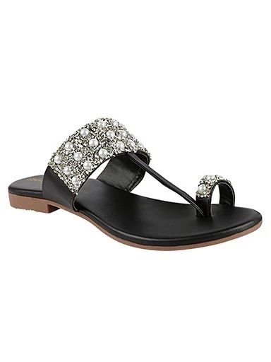 Stylestry Womens & Girls Black & Silver-Toned Embellished Leather Ethnic One Toe Flats