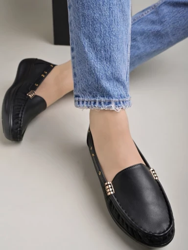 Stylestry upper Buckle Detailed Black Loafers For Women & Gilrs