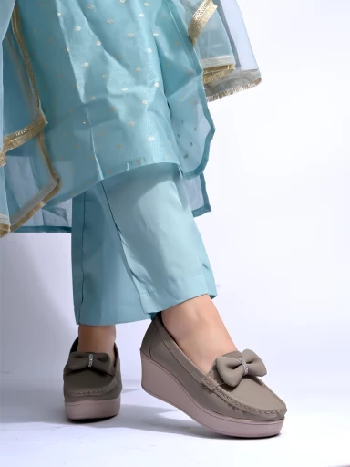 Stylestry Upper Bow Detailed Grey Loafers For Women & Gilrs