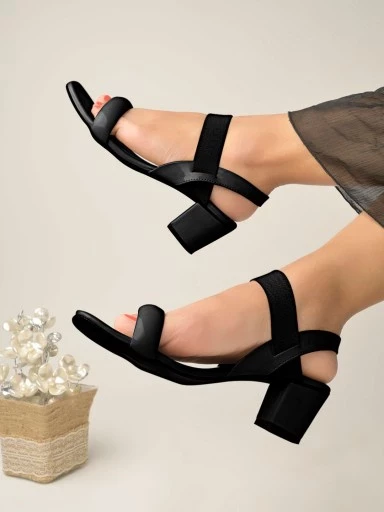 Stylestry Solid Black Block Heeled Sandals For Women & Girls