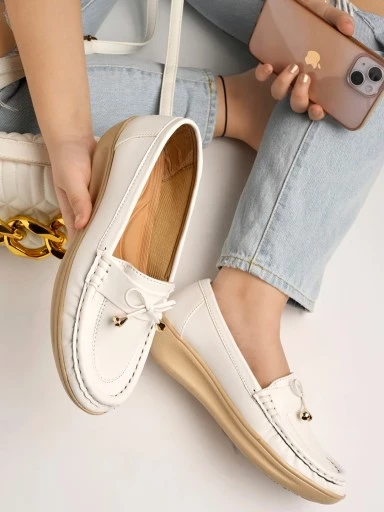 Stylestry Upper Bow Detailed White Loafers For Women & Girls