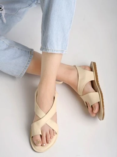 Stylestry Crossover Back Strap Flat Cream Sandals For Women & Girls