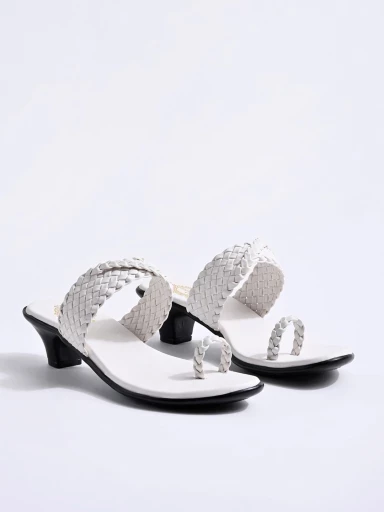 Stylestry Braided One Toe White Block Heels For Women & Girls