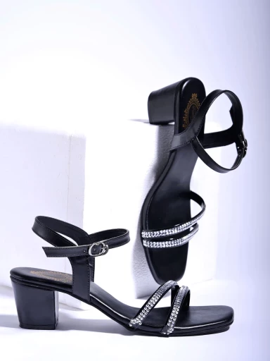 Stylestry Rhinestone Embellished Black Block Heeled Sandals