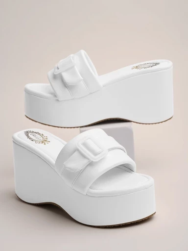 Stylestry Buckle Detailed White Platform Heels For Women & Girls