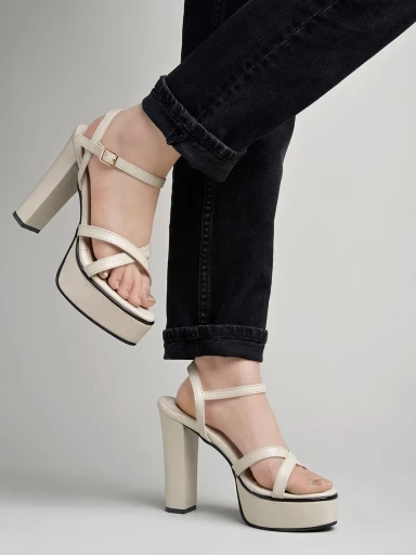 Stylestry Stylish Strappy Cream Casual High Heels For Women & Girls