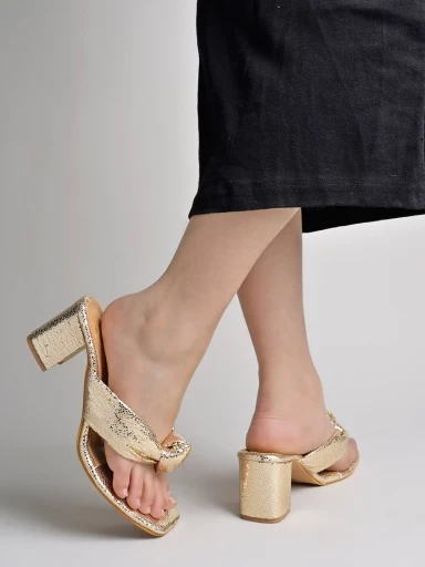 Stylestry Embellished Golden Sparkle Block Heeled Sandals For Women & Girls