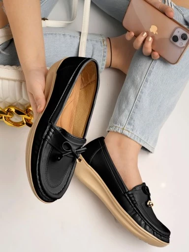 Stylestry Upper Bow Detailed Black Loafers For Women & Girls