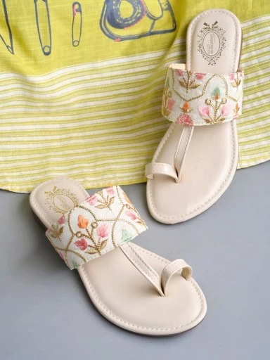 Stylestry Embroidered Ethnic Cream Kolhapuri Flats For Women & Girls