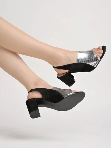 Stylestry Embellished Shimmer styling Black & Silver Block Heels For Women & Girls