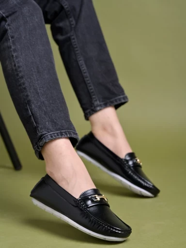Stylestry upper Buckle Detailed Black Loafers For Women & Girls