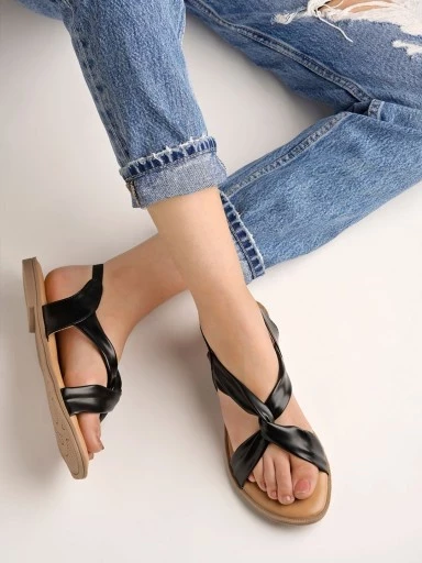 Shoetopia Cross Strap Black Flat Sandals For Women & Girls