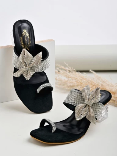 Stylestry Embellished Side Bow Black Heels For Women & Girls