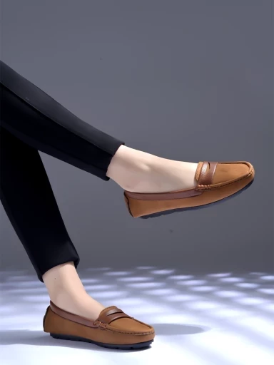 Stylestry upper Suede Detailed Tan Loafers For Women & Girls