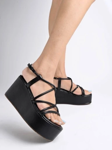 Shoetopia Multi Straps Casual Black Flatforms For Women & Girls