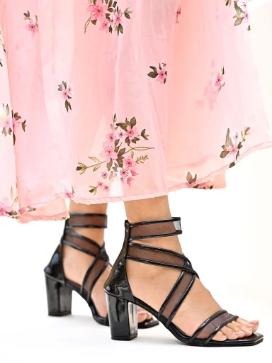 Stylestry Patent Multi Cross Strap Black Block Heeled Sandals For Women & Girls