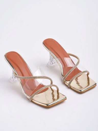 Stylestry Stylish Embellished Transparent Golden Stiletto Heels For Women & Girls