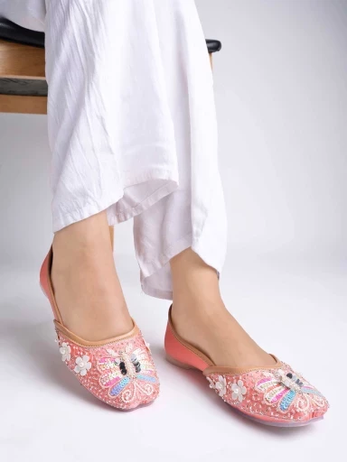 Stylestry Handcrafted Pearl Embroidered Peach Ethnic juttis For Women & Girls