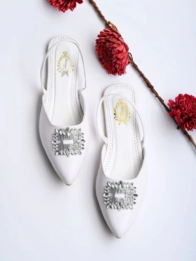 Stylestry Embellished Front Studded Buckle White Mules For Women & Girls