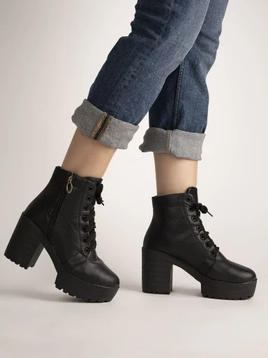 Stylestry Womens & Girls Black Solid Lace Up Boots