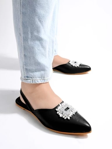 Stylestry Embellished Front Studded Buckle Black Mules For Women & Girls