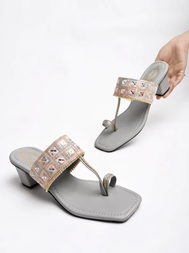 Stylestry Classic Grey Kolhapuri Heels For Women & Girls