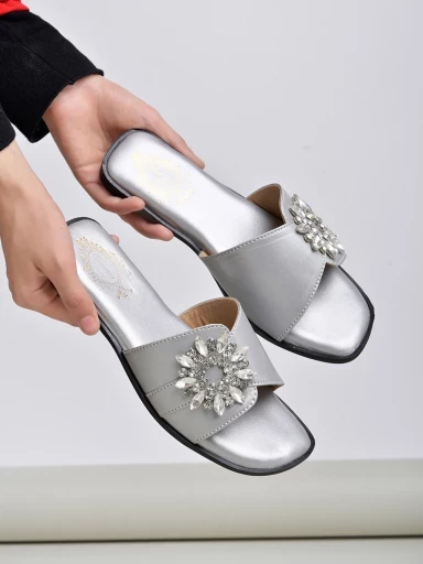 Stylestry Embellished Crystal Buckle Detailed Silver Flats For Women & Girls