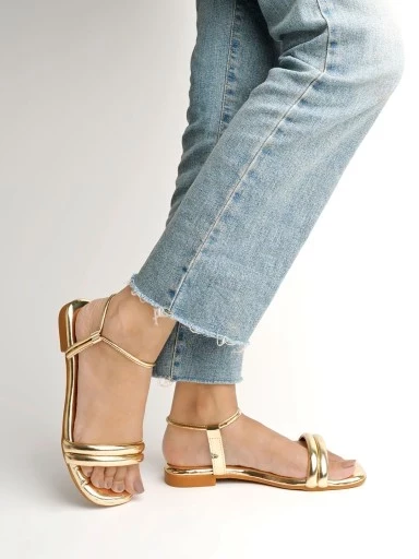 Stylestry Embellished Backstrap Golden Flat Sandals For Women & Girls