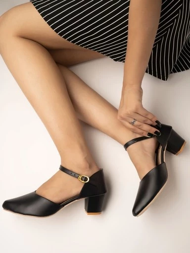 Stylestry Women's & Girl's Black Solid Backstrap Block Heels Pumps