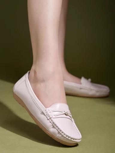 stylestry bow detailed cream loafers for women