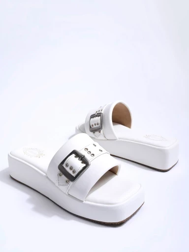 Stylestry Upper Buckle Detailed White Platform Heels For Women & Girls