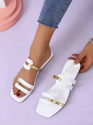 Stylestry Statement White & Golden Slip-On Flats For Women & Girls