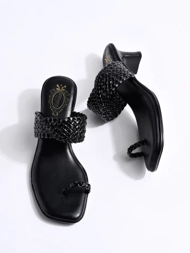 Stylestry Braided One Toe Black Block Heels For Women & Girls