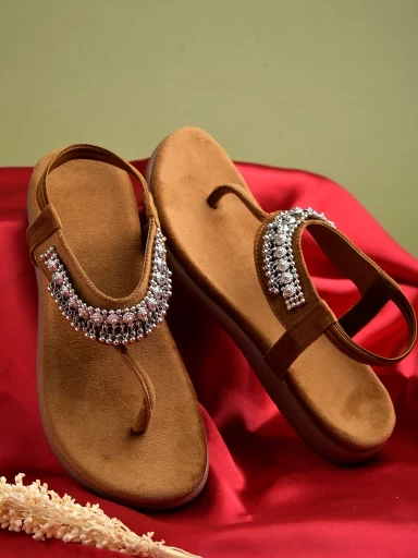 Stylestry Ethnic Wear Tan Flat Sandals For Women & Girls