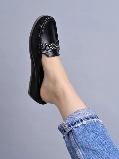 Stylestry Upper Bow Detailed Black Slip-On Loafers For Women & Girls