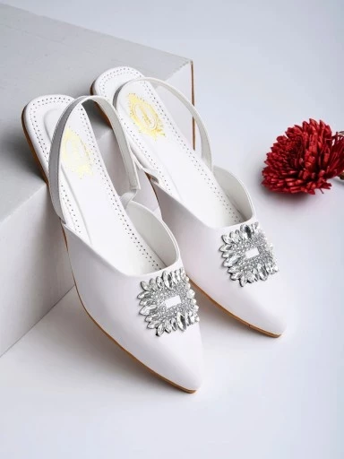 Stylestry Embellished Front Studded Buckle White Mules For Women & Girls