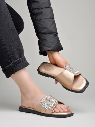 Stylestry Embellished Crystal Buckle Detailed Rose-Gold Flats For Women & Girls